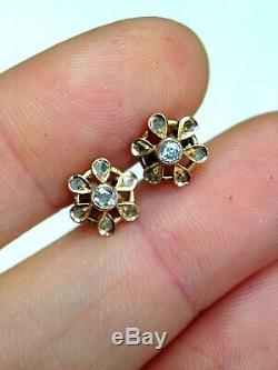 Super Sweet Antique 18K Yellow Gold Old Mine Cut Diamond Flower Earrings