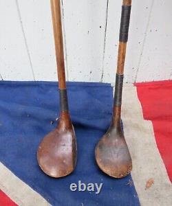 Two Antique Vintage Old Retro Hickory Wood Shafted Golf Golfing Drivers Clubs