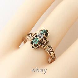 Victorian 18k Gold Old Mine Cut Natural Diamond Emerald 3 Stone Ring sz8