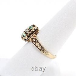 Victorian 18k Gold Old Mine Cut Natural Diamond Emerald 3 Stone Ring sz8