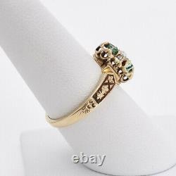 Victorian 18k Gold Old Mine Cut Natural Diamond Emerald 3 Stone Ring sz8