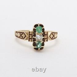 Victorian 18k Gold Old Mine Cut Natural Diamond Emerald 3 Stone Ring sz8