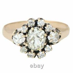 Victorian Solid 14k Yellow Gold 1.32ctw Old Mine Cut Diamond Halo Cocktail Ring