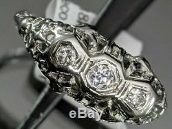 Vintage 18kt White Gold Art Deco Old 3 Stone Diamond Filigree Antique Ring NICE