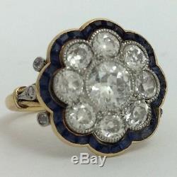 Vintage Antique 18k Yellow Gold Old Miner Diamond Sapphire Flower Ring