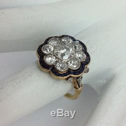 Vintage Antique 18k Yellow Gold Old Miner Diamond Sapphire Flower Ring