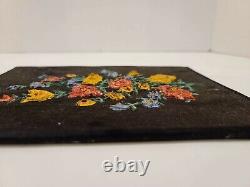 Vintage Antique Black Velvet Floral Flower Painting Art Acrylic Still Life Old