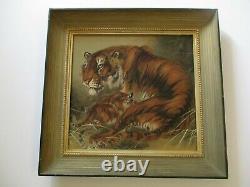 Vintage Antique Fine Old Chinese Painting Tiger Cat Cub Family Quality Signed