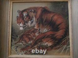 Vintage Antique Fine Old Chinese Painting Tiger Cat Cub Family Quality Signed