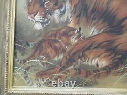 Vintage Antique Fine Old Chinese Painting Tiger Cat Cub Family Quality Signed