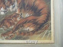 Vintage Antique Fine Old Chinese Painting Tiger Cat Cub Family Quality Signed