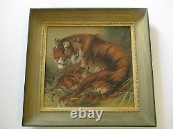 Vintage Antique Fine Old Chinese Painting Tiger Cat Cub Family Quality Signed