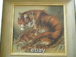 Vintage Antique Fine Old Chinese Painting Tiger Cat Cub Family Quality Signed