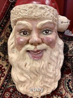 Vintage Antique Folk Art Old Plaster Hand Made Santa Claus Head Decoration