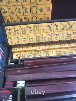 Vintage Antique Mahjong Butterscotch Bakelite Set with 156 Tiles 5 Racks Case Rose