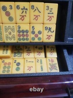 Vintage Antique Mahjong Butterscotch Bakelite Set with 156 Tiles 5 Racks Case Rose