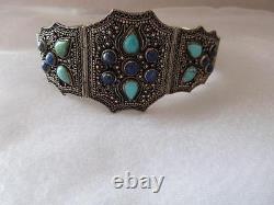 Vintage Antique Old Chines Silver Turquoise Lapis Bracelet