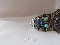 Vintage Antique Old Chines Silver Turquoise Lapis Bracelet