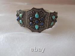 Vintage Antique Old Chines Silver Turquoise Lapis Bracelet