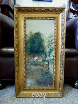 Vintage Antique Old Gold Framed British Oil on board Painting River Landscape