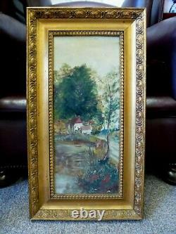 Vintage Antique Old Gold Framed British Oil on board Painting River Landscape