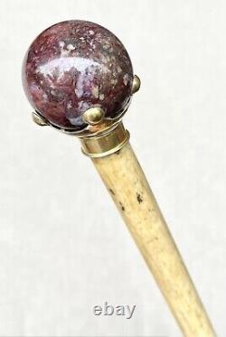 Vintage Antique Stone Marble Ball Top Swagger Knob Walking Stick Cane Old