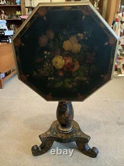 Vintage Antique Very Old Hand Painted Tilt Top Three Legged Table