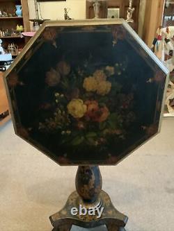 Vintage Antique Very Old Hand Painted Tilt Top Three Legged Table