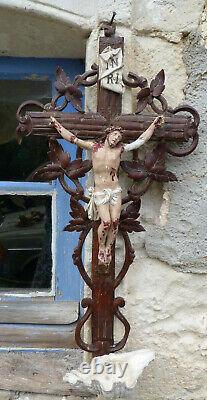 Vintage Antique old French 1890/1900 carved wood and plaster Jesus Christ cross