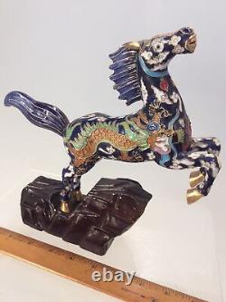 Vintage Clossione old china horse gilded with colorful dragon, filigree enamled