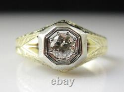 Vintage Diamond Ring Old European Cut 14K Yellow Gold Etched Antique Jewelry