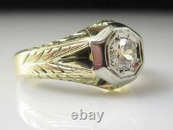 Vintage Diamond Ring Old European Cut 14K Yellow Gold Etched Antique Jewelry