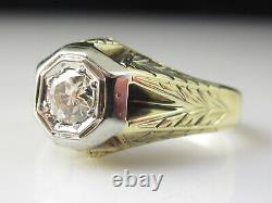 Vintage Diamond Ring Old European Cut 14K Yellow Gold Etched Antique Jewelry