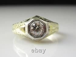 Vintage Diamond Ring Old European Cut 14K Yellow Gold Etched Antique Jewelry