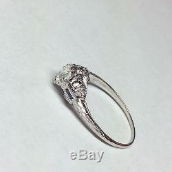 Vintage Estate Platinum Old Miner. 75 Ct Diamond Sapphire Filigree Antique Ring