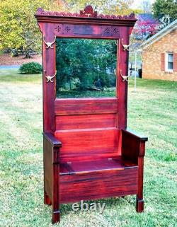 Vintage Hall Tree Bench Mirror Mahogany Wood Antique Old Victorian Furniture