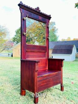 Vintage Hall Tree Bench Mirror Mahogany Wood Antique Old Victorian Furniture