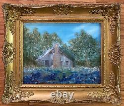 Vintage Oil Painting-Bluebonnet Landscape-Antique Old Home-Ornate Frame