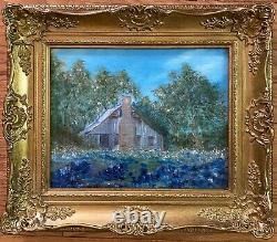 Vintage Oil Painting-Bluebonnet Landscape-Antique Old Home-Ornate Frame