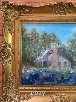 Vintage Oil Painting-Bluebonnet Landscape-Antique Old Home-Ornate Frame