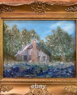 Vintage Oil Painting-Bluebonnet Landscape-Antique Old Home-Ornate Frame