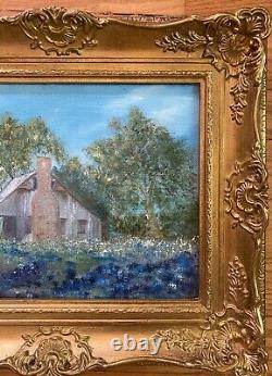 Vintage Oil Painting-Bluebonnet Landscape-Antique Old Home-Ornate Frame