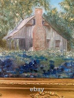 Vintage Oil Painting-Bluebonnet Landscape-Antique Old Home-Ornate Frame