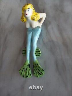 Vintage Old Antique Aquarium Fishbowl Ceramic Bisque Hanging Frog Girl Mermaid
