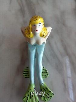 Vintage Old Antique Aquarium Fishbowl Ceramic Bisque Hanging Frog Girl Mermaid