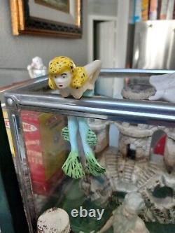 Vintage Old Antique Aquarium Fishbowl Ceramic Bisque Hanging Frog Girl Mermaid