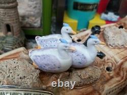 Vintage Old Antique Aquarium Fishbowl Ceramic Bisque Pottery Floating Swan Group