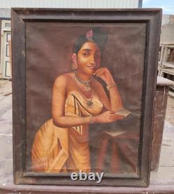 Vintage Old Antique Beautiful Lady Hand Painting on Canvas in Wooden Frame