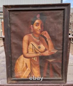 Vintage Old Antique Beautiful Lady Hand Painting on Canvas in Wooden Frame