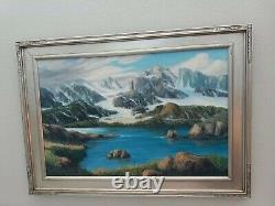 Vintage Old Antique Beautiful Oil Painting Alaska mountain Lake Glacier Tundra